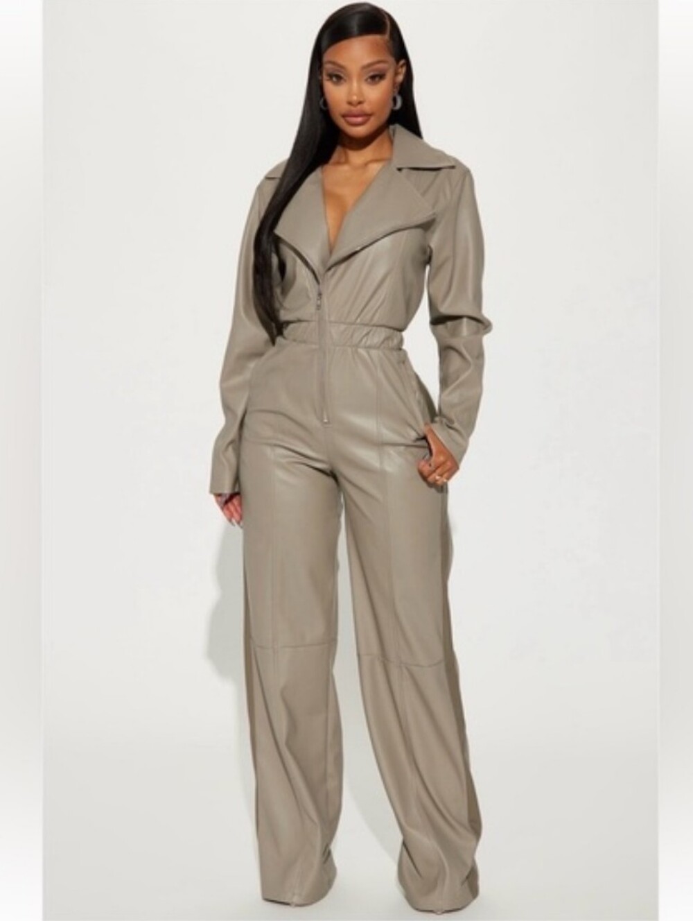 Fashion Nova Downtown Taupe Faux Leather Wide Leg Jumpsuit